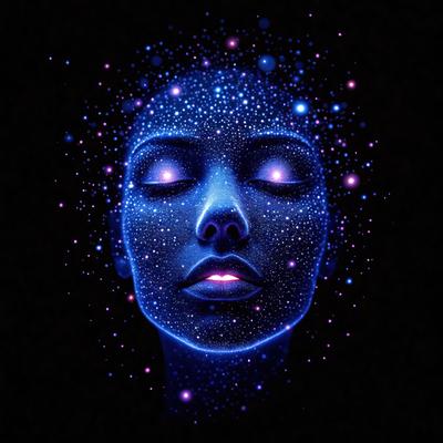 The primary subject of the image is a close-up of a woman's face, with her eyes closed. The setting is a dark background, which contrasts with the bright blue stars surrounding her. The visual style is a digital art or illustration, creating a surreal and dreamy atmosphere. The colors and mood are predominantly blue, with the stars adding a sense of depth and dimension to the image.